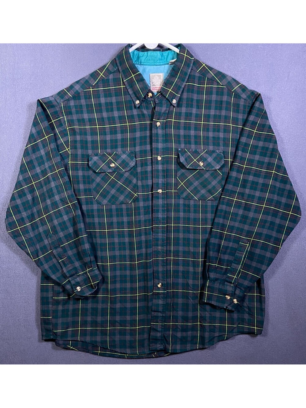 VTG 90s Outdoor Exchange Green Plaid Flannel Shirt Grunge Mens Large Tall fit XL